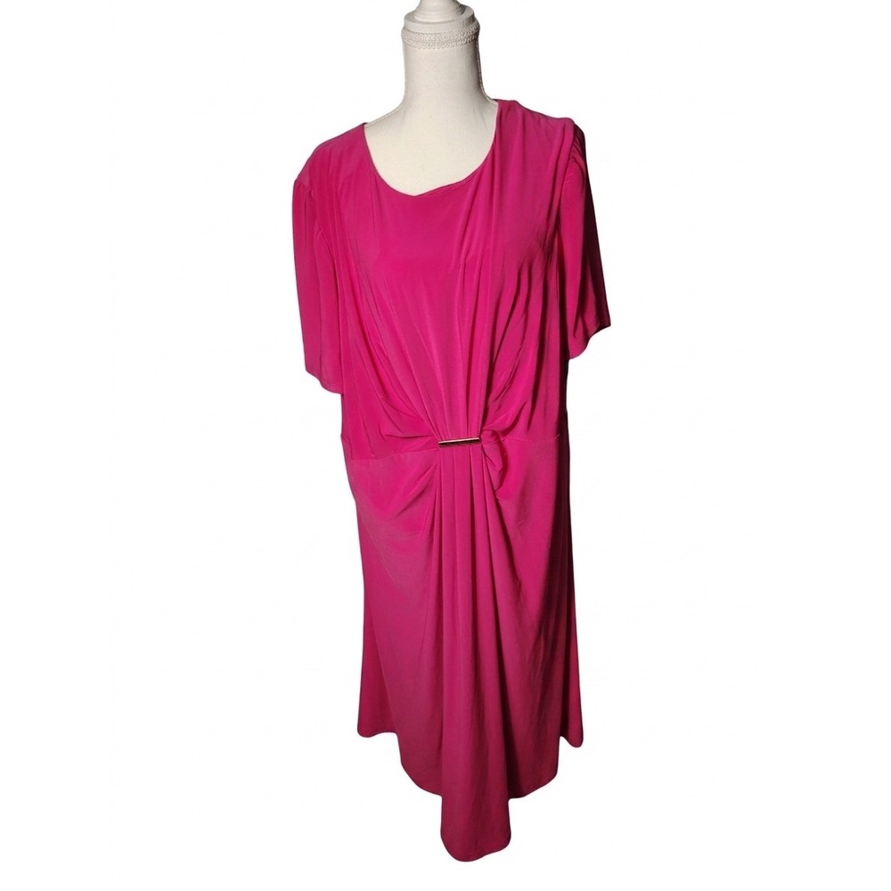 Jessica Howard Hot Pink Draped Front Midi Dress‎ 18W JH5W7074 Gold Bar Accent